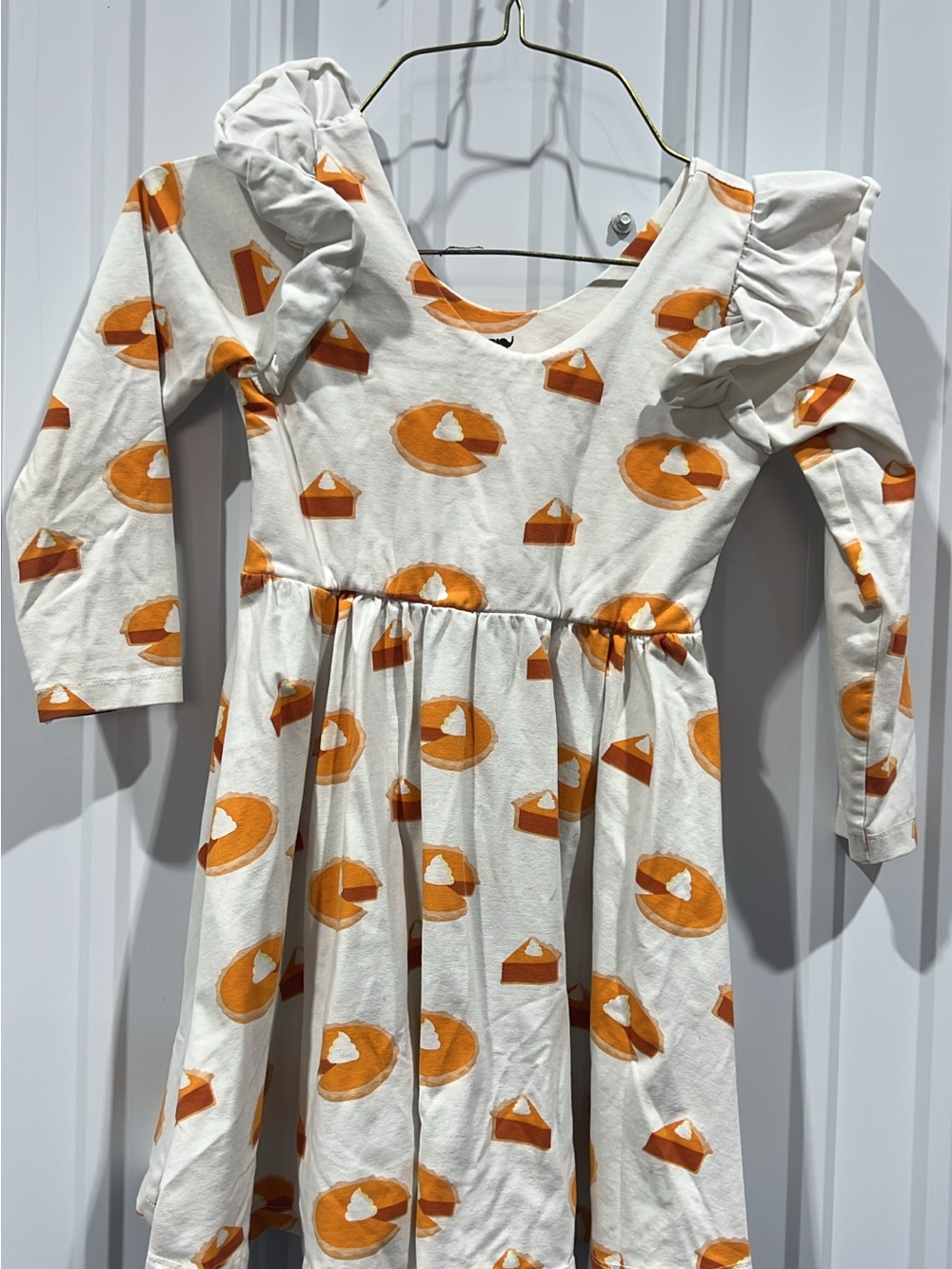 Cream Kids' Long-Sleeve Dress with Orange Pie Print and Ruffle Shoulders